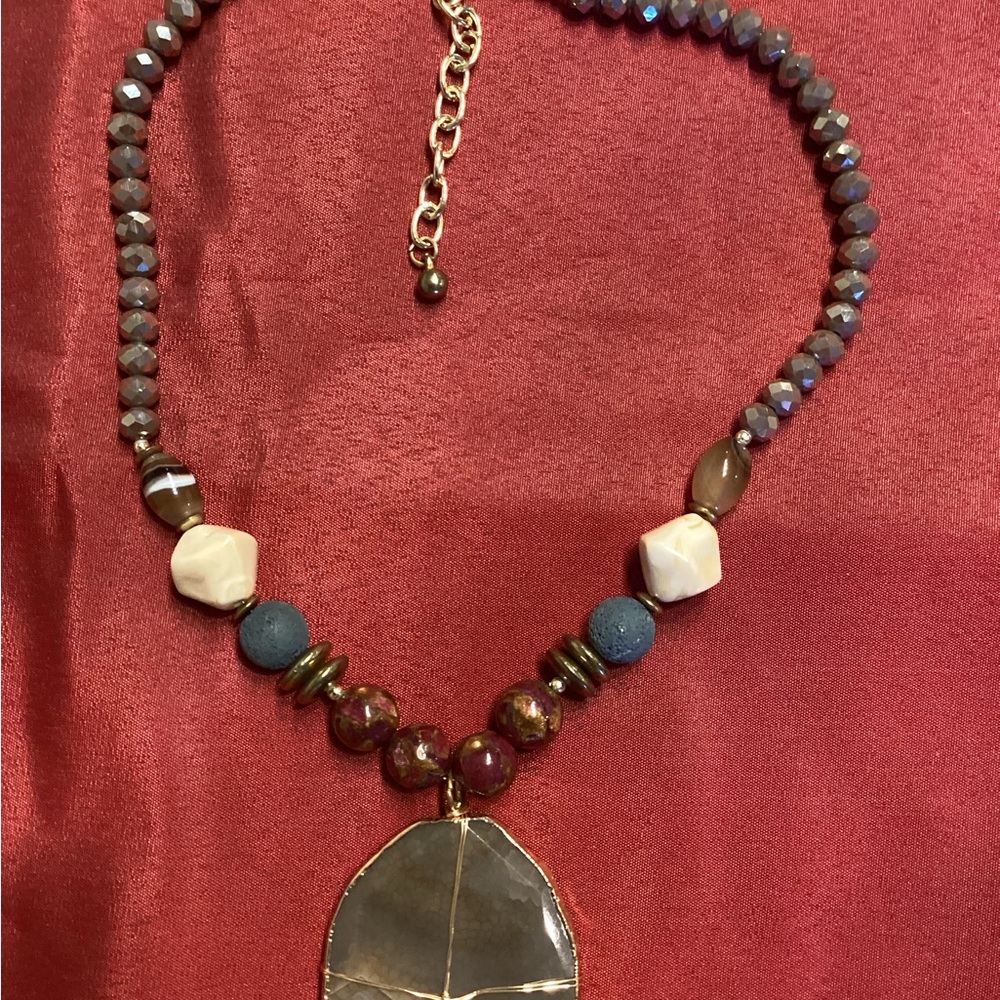 Neutral Beaded Pendant Necklace with Brown and Cream Accents